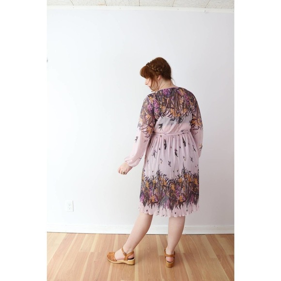 Vintage 1970s Sheer Crinkle Floral Dress Purple Sweet Cottagecore - Picture 5 of 10